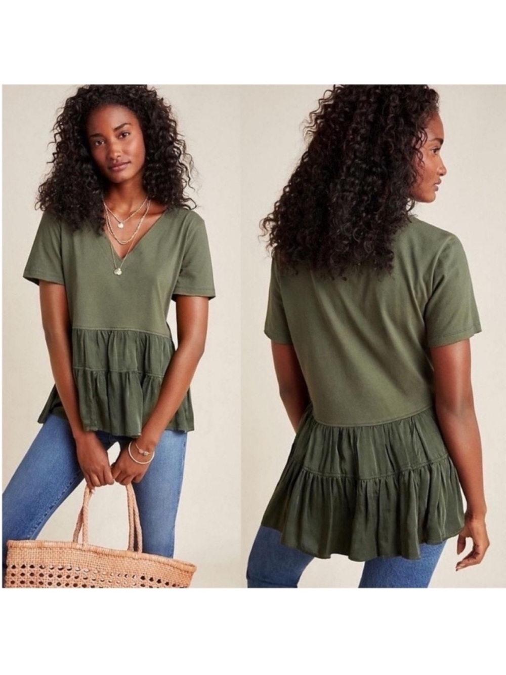 Anthropologie Maeve Louisa Tiered T-Shirt Green V-neck Size XS
